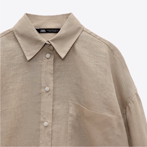Zara Linen Button-Down Shirt with Pocket in Beige/Tan - Picture 5 of 9